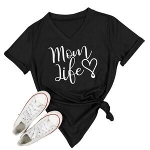 Mom Life Black V-Neck T-Shirt Large Cute Casual Mother's Day Gift